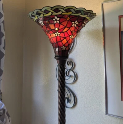 WAREHOUSE OF TIFFANY Tiffany Style Floor Lamp Standing Torchiere Victorian Stained Glass Theme Red