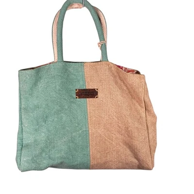 Nuevo Bolso de Mano Foimpex Dos Tonos Algodón Yute Rosa Verde Forro Floral Boho Limpio Foto 1 de 4