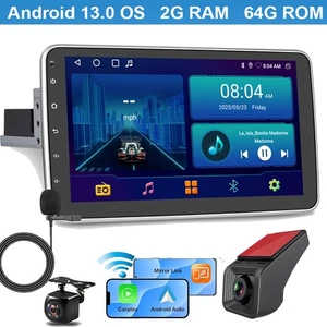 64G DVR 10.1'' Single Din Android 13 Car Stereo FM GPS WiFi BT Carplay Rotatable - Picture 1 of 15