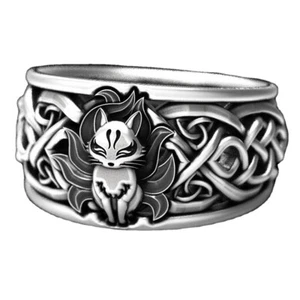 Mens Vikings Fox Celtic Ring 925 Sterling Silver Open Ring Adjustable Size - Picture 1 of 5