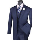 VINCI Men's Navy Blue Glen Plaid 3 Piece 2 Button Classic Fit Suit NEW