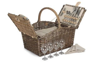 Wicker Willow Deluxe Retro Double Lidded Wicker Fitted 4 Person Picnic Basket - Picture 1 of 6