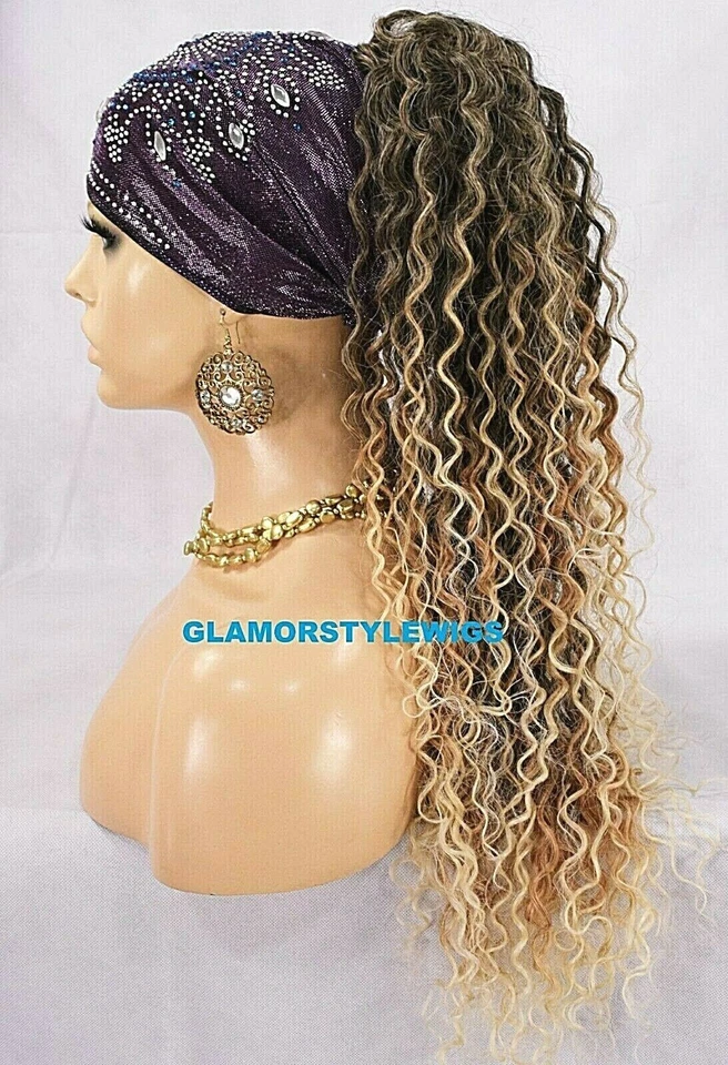 Human Hair Blend Ponytail Long Curly Layered Hair Piece Extensions Brown Blonde - Image 1 of 4