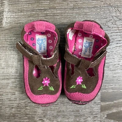 Baby Deer 女宝宝鞋皮革肩带木屐开口粉色棕色花卉尺寸 2 — 第 1/4 张图片