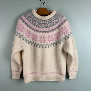 Vintage Eddie Bauer Sweater Women Medium White Pink Wool Knit Fair Isle Ski 1990 - Picture 1 of 11