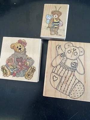 Lote de 3 estampillas de goma temáticas de osos de peluche bloque de madera estampillas de goma de colección Foto 1 de 4
