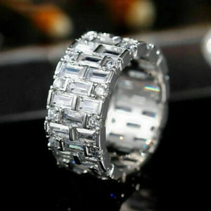 Men's 3Ct Baguette Cut Eternity Ring Diamond Band 14K White Gold Plated Silver - Picture 1 of 8