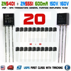 20pcs 10 x 2N5401 10 x 2N5551 Pairs Transistors NPN PNP TO-92 USA Seller - Picture 1 of 3