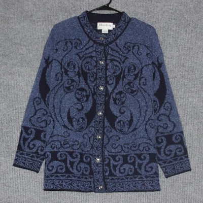Cárdigan Suéter Harley of Scotland Mujer XL Azul Lana Merino Patrón Ornamentado Foto 1 de 4