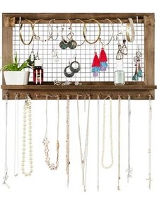 Rustic Jewelry Organizer with Bracelet Rod Wall Mounted Wooden Hanging Holder - Picture 1 of 8