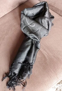 VINTAGE Black Scarf, Wrap with Fringe, super soft, black swirl design - Picture 1 of 10