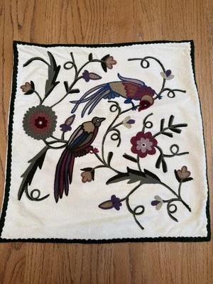 Linen Source Embroidered Throw Pillow Cover Birds Blooms Branches - Image 1 of 4
