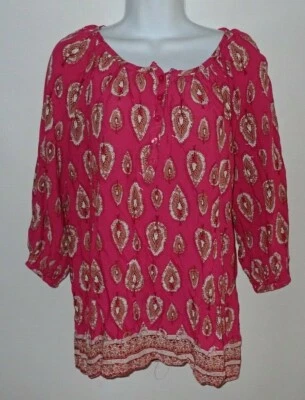 Lucy & Laurel Mujer S Campesino Top Manga 3/4 Boho Paisley Rojo Algodón Foto 1 de 4