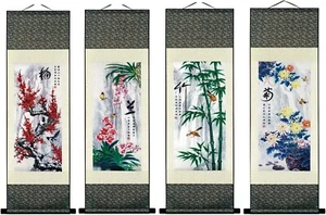 Chinese Four Seasons Flower Plants Silk Paintings Wall Hanging Decoration Large - Picture 1 of 12