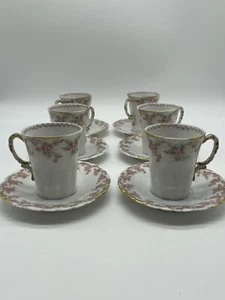 Antique Elite Works Limoge France SM Pink Floral Demitasse Cup & Saucer Set of 6 - Picture 1 of 11
