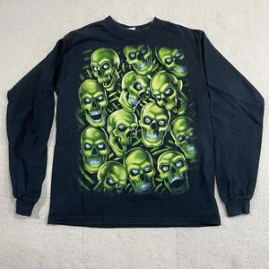 Vintage Y2K Liquid Blue Green Skull Pile Shirt Medium Black Long sleeve Clean - Picture 1 of 7