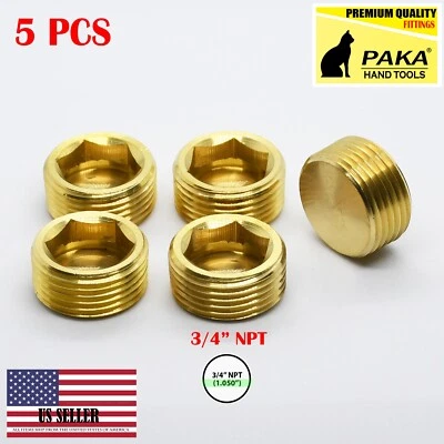 PAKA TOOLS USA 5Pcs 3/4" NPT Male Brass Internal Hex Head Socket Pipe Plugs end cap