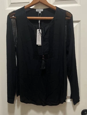 Nuevo con etiquetas Joseph A Mujer L Manga Larga Top Arrugado Crochet Borlas Transparente Boho Negro Foto 1 de 4