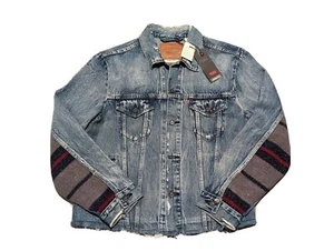 Levi's Premium Denim Jacket Mens Size L Striped Back Trucker Blue and Red W/T - Picture 1 of 9