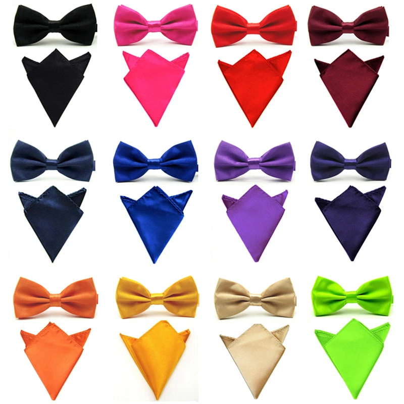 Men Smooth Solid Satin Bowtie Bow Tie Match Handkerchief Pocket Square Hanky Set - Image 1 of 1