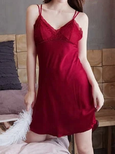 Women's Sexy Lingerie Sleep Dress Red Silky Lace-Trim Slip Pajamas Loung Wear  - Picture 1 of 1