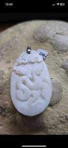 Mother Of Pearl Chinese Inspired Carved Pendant Serpent 925 Silver Stamped - Picture 1 of 6