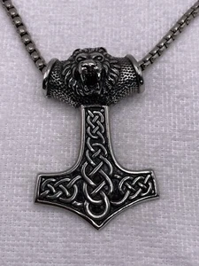 Gran Colgante de Acero Inoxidable Dios del Trueno León Vikingo Thor's Hammer 22 in - Imagen 1 de 9