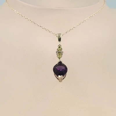 Peridot & Amethyst Pendant Sterling Silver Handmade Gemstone Necklace - Image 1 of 4