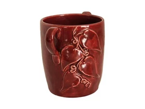 Studio Art Pottery Mug Coffee Cup Red Raised Leafs Two Handled Signed Muriel  - Picture 1 of 16