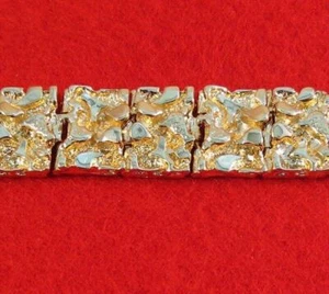 MENS 14 KT GOLD PLATED 9 INCH HEAVY NUGGET BRACELET 5/8THS WIDE WT. 71 GMS #200 - Picture 1 of 2