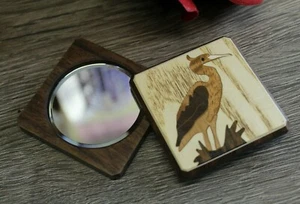 Makeup Compact Mirror Cosmetic Folding Portable Pocket Magnifying Crane Wood - Picture 1 of 5