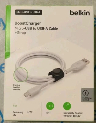 Belkin Boost Charge Micro USB To USB A Cable 5ft + Strap New Open Box - Image 1 of 3