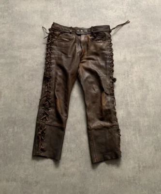 Mens Brown Wax Leather Biker Pant Distressed Brown Motorcycle Pant For Men - Image 1 of 2