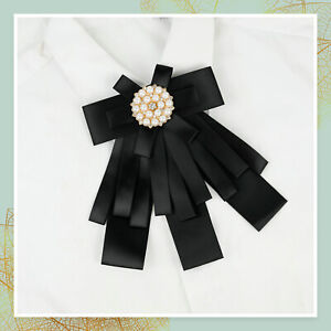 Women's Pre-tied Bowknot Beads Bow Tie Elegant Ribbon Brooch Black
