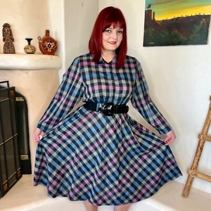 Vintage 80s does 50s Buffalo Plaid Swing Dress - Picture 1 of 5