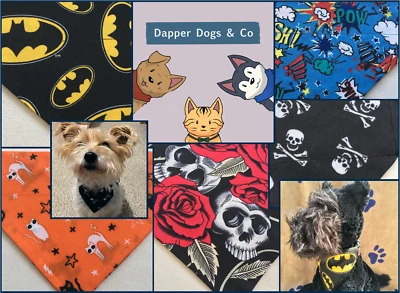 DAPPER DOGS & CO Handmade slide on collar bandana. Dog, cat etc. Comics, Halloween, Horror, Skull