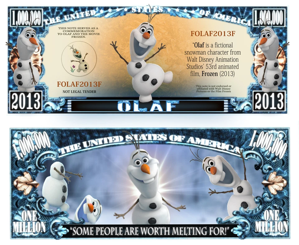 LA REINE des NEIGES OLAF BILLET MILLION DOLLAR US! Anna DISNEY Bonhomme 2 Frozen