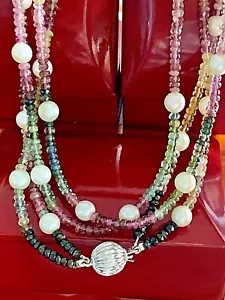 14K White Gold Natural Tourmaline White 6.20MM Pearl Necklace 18" Tread 2 Row  - Picture 1 of 12