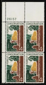US USA Sc# 1122 MNH FVF PLATE # BLOCK Conserve Forests Pine Tree Deer Bark - Picture 1 of 1