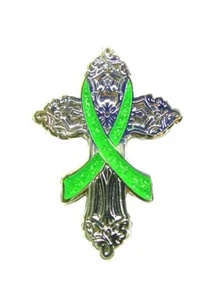 Lime Green Religious Cross Cancer Church Silver Plated Cancer Awareness Pin New - Picture 1 of 7