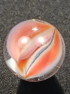 Vitro .58" Full Bloom White to Coral Steel Blue Edge Cat NM Serious Marble A397 - Picture 1 of 12
