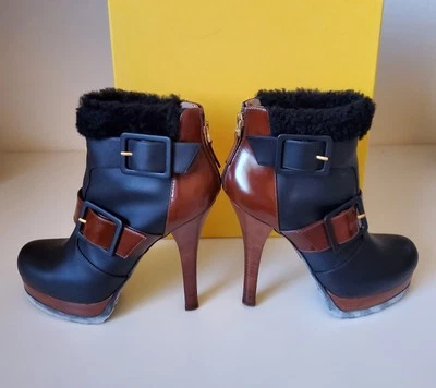 Botas de cuero FENDI Tronchetto negras y marrones con plantillas de piel talla 9,5 ☆☆ NUEVAS Foto 1 de 4