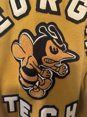 Vintage década de 1960? Jaqueta Georgia Tech Letterman/Bomber mangas de couro dourado tamanho P? - Imagem 1 de 4
