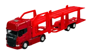 WELLY SCANIA V8 R730 RED + CAR CARRIER TRAILER 1:64 DIE CAST MODEL NEW 68023 - Picture 1 of 6