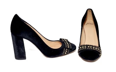 女式 7.5 J 码 Crew 黑色天鹅绒高跟鞋时尚高跟鞋金色耳钉意大利 — 第 1/4 张图片