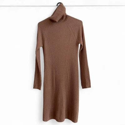 QI Luxury 100% Cashmere Brown Ribbed Knit Turtleneck Sweater Dress Sz XS - Image 1 of 4