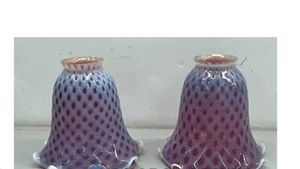 Antique Fenton Cranberry Opalescent Thumb Print Lamp Shades (2) a Set - Picture 1 of 5