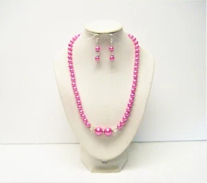 Hot Pink Glass Pearl w/Crystal Faceted Glass Bead Necklace/Earrings Set  - Picture 1 of 8