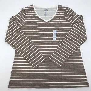 Neutral Striped Top XL Women's Tee Long Sleeve Shirt V Neck 100% Cotton New - Picture 1 of 8
