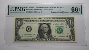 $1 2003A Repeater Serial Number Federal Reserve Currency Bank Note Bill UNC66EPQ - Picture 1 of 3